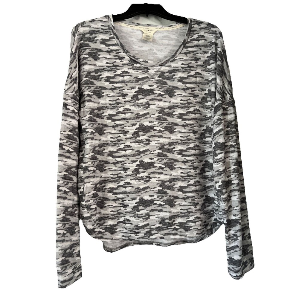 Lucky Brand Camo Long Sleeve Crew Neck Relaxed Boyfriend Fit Thermal T Shirt L